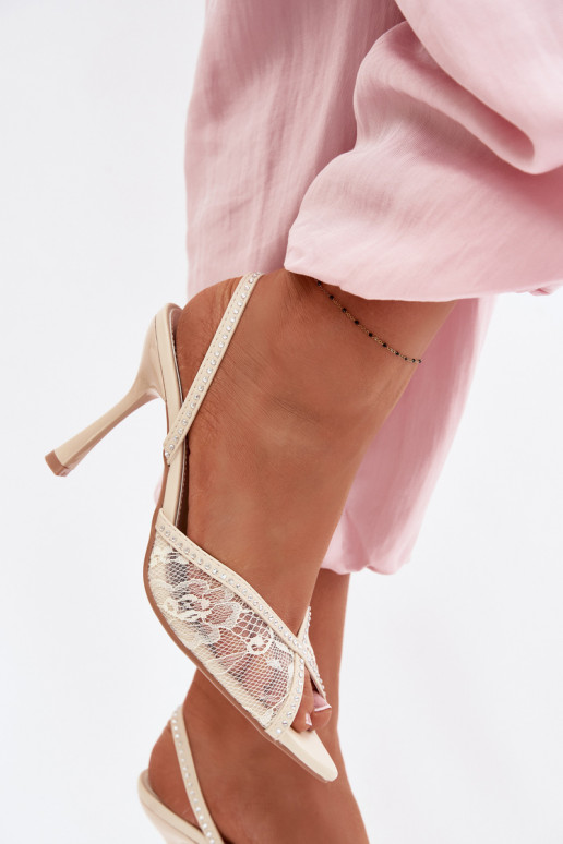Sandali da donna con tacchi sottili con pizzo I Zdobieniem beige Melivelle