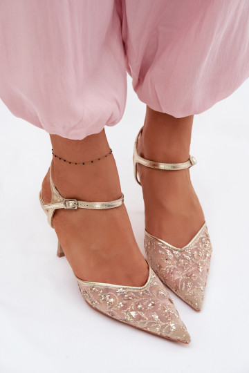 griglia Sandali da donna con tacchi sottilicon lucentezzaującym Zdobieniem colore dorato Laria