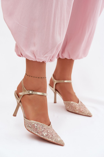 griglia Sandali da donna con tacchi sottilicon lucentezzaującym Zdobieniem colore dorato Laria 2