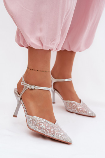 griglia Sandali da donna con tacchi sottilicon lucentezzaującym Zdobieniem color argento Laria 2