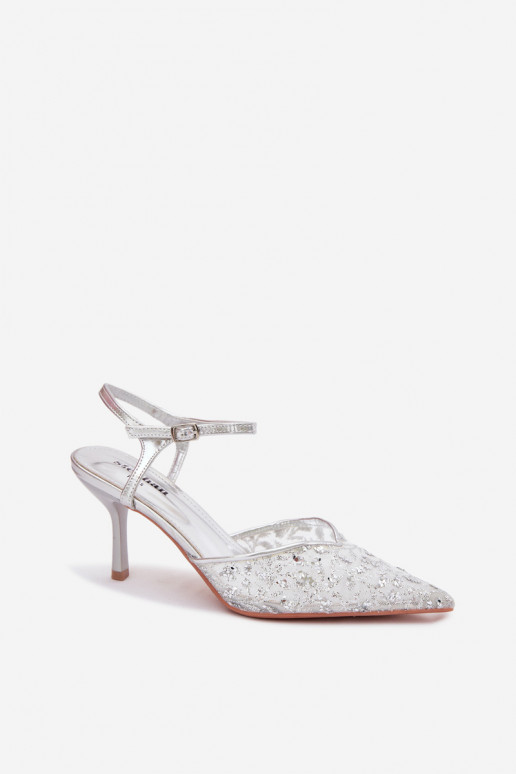 griglia Sandali da donna con tacchi sottilicon lucentezzaującym Zdobieniem color argento Laria