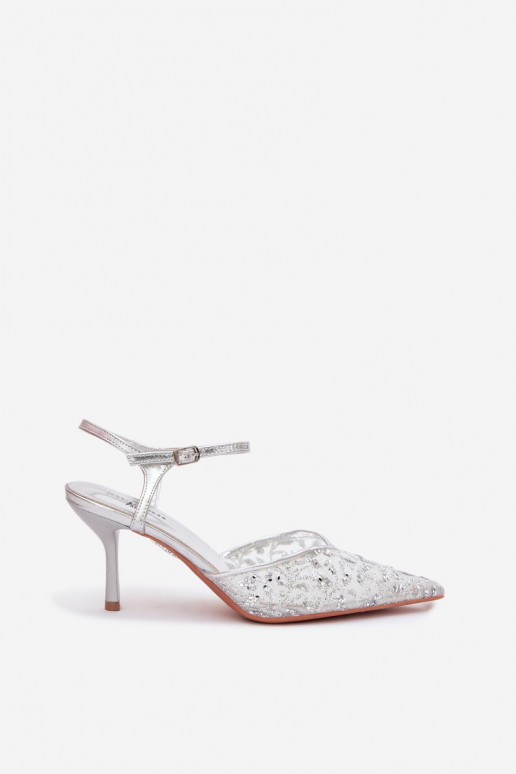 griglia Sandali da donna con tacchi sottilicon lucentezzaującym Zdobieniem color argento Laria