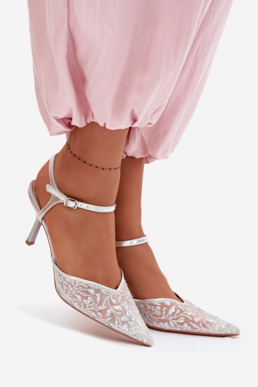 griglia Sandali da donna con tacchi sottilicon lucentezzaującym Zdobieniem color argento Laria