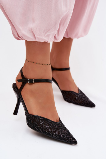 griglia Sandali da donna con tacchi sottilicon lucentezzaującym Zdobieniem colore nero Laria 2