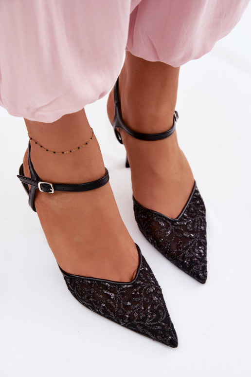 griglia Sandali da donna con tacchi sottilicon lucentezzaującym Zdobieniem colore nero Laria