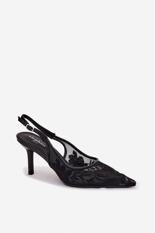 con motivi di pizzo griglia sandali con tacchi sottili colore nero Devevia