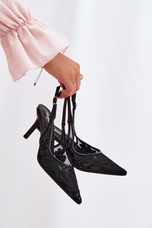 con motivi di pizzo griglia sandali con tacchi sottili colore nero Devevia