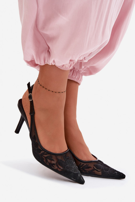 con motivi di pizzo griglia sandali con tacchi sottili colore nero Devevia