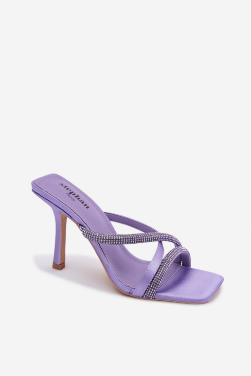 Pantofole da donna con tacchi sottili Strisce con gli occhi scintillanti Colore viola Karima