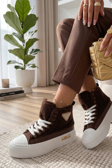 Sneakers marroni pelose con pietre di zirconio sopra la caviglia Lucia