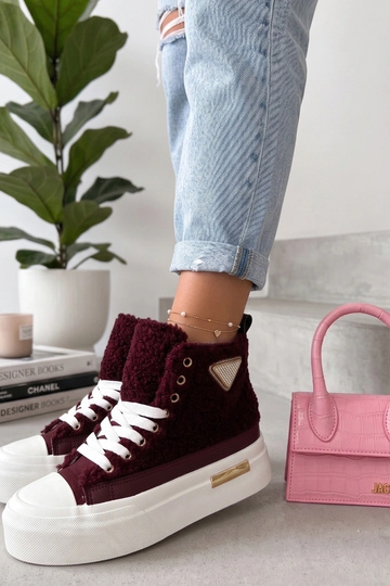 Sneakers bordeaux foderate in pelliccia su piattaforma con strass sopra la caviglia Lucia