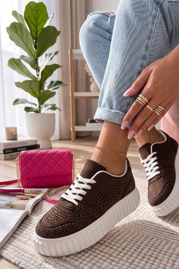 Sneakers marroni su piattaforma con strass Aurora