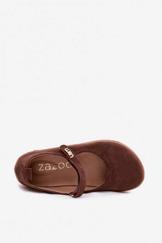 Ballerine in pelle scamosciata Barefoot con cinturini Zazoo 10206 color cioccolato