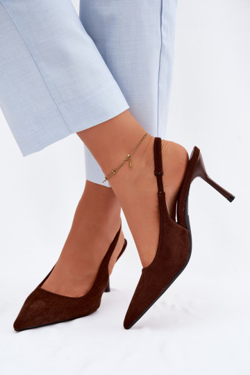 Sandali con tacco sottile in suede sintetico color cioccolato Kevina