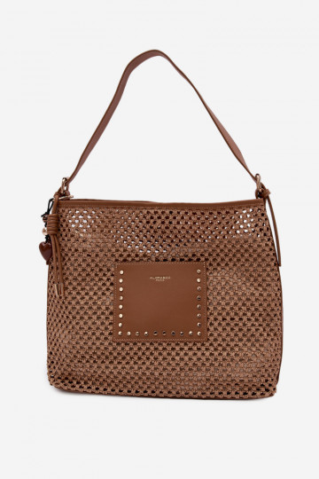Borsa con elementi intrecciati e portachiavi per l'estate color marrone brillante Fayette