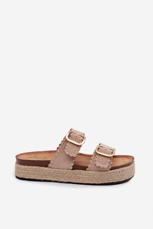 Pantofole da donna con una piattaforma Con treccia colore dorato con fibbie I con rivetti beige