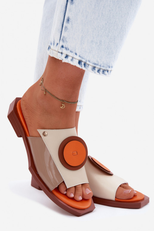 Pantofole in pelle da donna color sabbia e arancione con design geometrico Tai turiciejka K7479-18