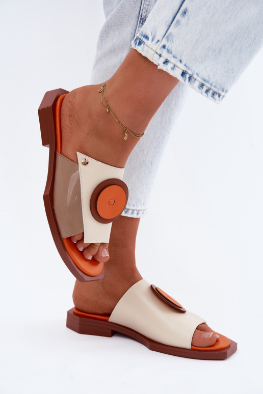 Pantofole in pelle da donna color sabbia e arancione con design geometrico Tai turiciejka K7479-18