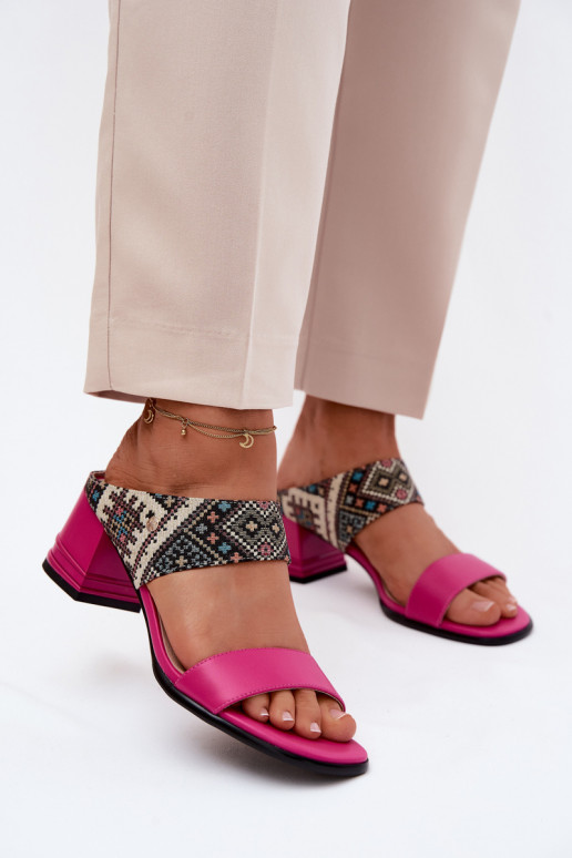Pantofole in pelle da donna rosa con motivo e tacco Tai turiciejka K7522-15