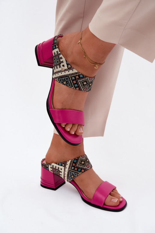 Pantofole in pelle da donna rosa con motivo e tacco Tai turiciejka K7522-15
