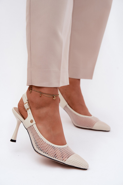 Pelle Sandali traforati Scarpe Femminile con tacchi sottili Deveciejka K7507-22 colore avorio