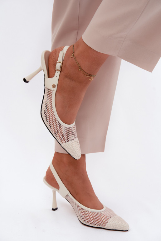 Pelle Sandali traforati Scarpe Femminile con tacchi sottili Deveciejka K7507-22 colore avorio