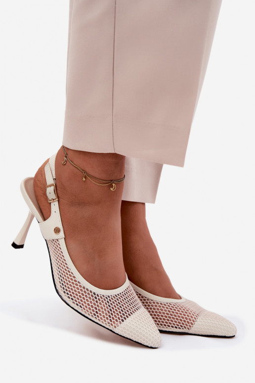 Pelle Sandali traforati Scarpe Femminile con tacchi sottili Deveciejka K7507-22 colore avorio