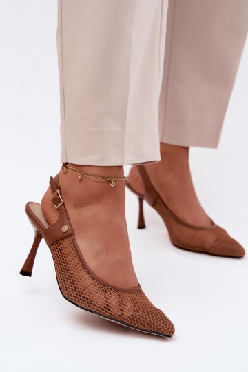 Pelle Sandali traforati Scarpe Femminile con tacchi sottili Deveciejka K7507-29 colore marrone