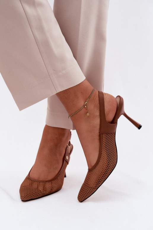 Pelle Sandali traforati Scarpe Femminile con tacchi sottili Deveciejka K7507-29 colore marrone