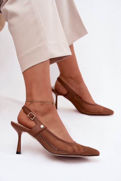 Pelle Sandali traforati Scarpe Femminile con tacchi sottili Deveciejka K7507-29 colore marrone