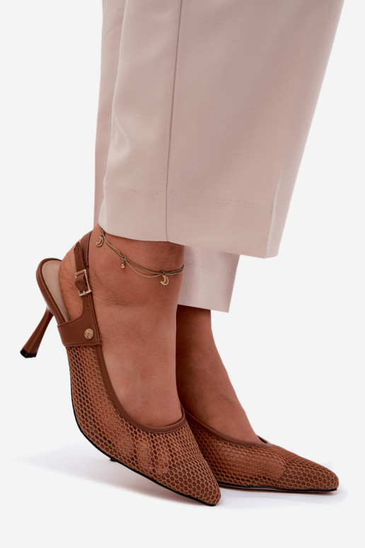 Pelle Sandali traforati Scarpe Femminile con tacchi sottili Deveciejka K7507-29 colore marrone