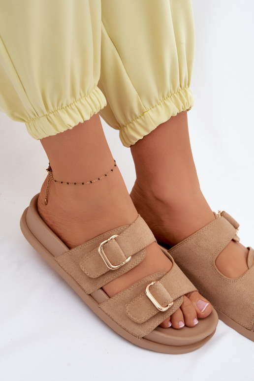 Pantofole da donna Ze colore doratomi con fibbiemi beige Pelorin