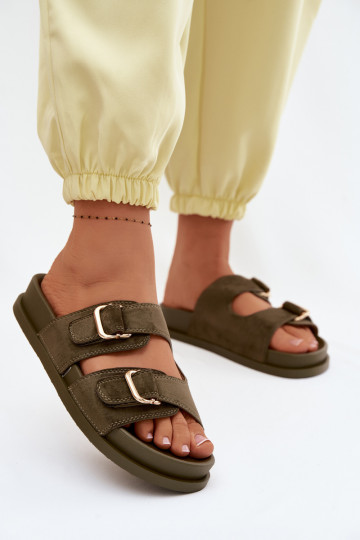 Pantofole da donna Ze colore doratomi con fibbiemi colore kaki Pelorin