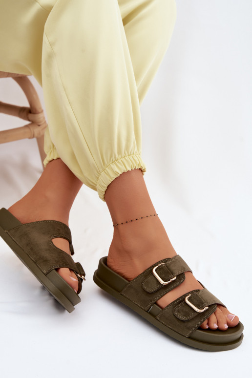 Ciabatte khaki con fibbie dorate Pelorin