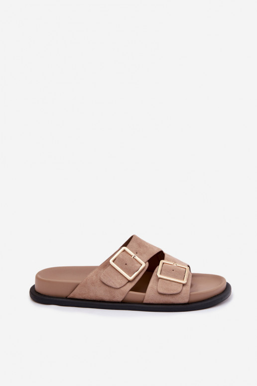 Pantofole da donnaImitacji dalla pelle scamosciatau colore dorato con fibbie beige Selissea