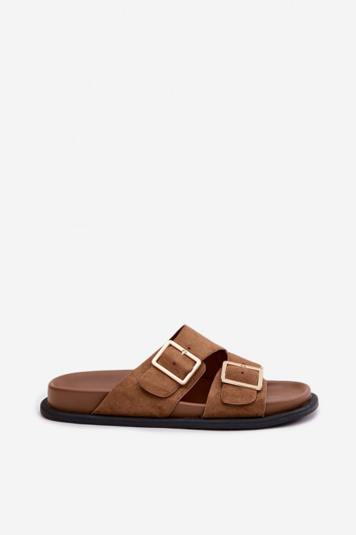 Pantofole da donnaImitacji dalla pelle scamosciatau colore dorato con fibbie colore marrone Selissea