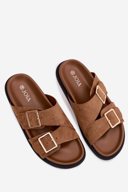 Pantofole da donnaImitacji dalla pelle scamosciatau colore dorato con fibbie colore marrone Selissea