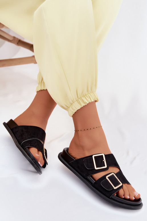 Pantofole da donnaImitacji dalla pelle scamosciatau colore dorato con fibbie colore nero Selissea