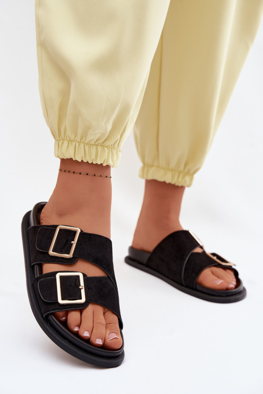 Pantofole da donnaImitacji dalla pelle scamosciatau colore dorato con fibbie colore nero Selissea