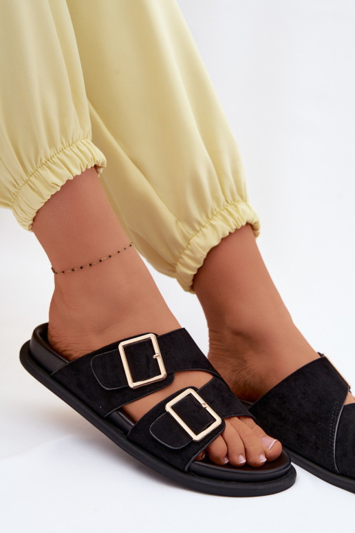 Pantofole da donnaImitacji dalla pelle scamosciatau colore dorato con fibbie colore nero Selissea