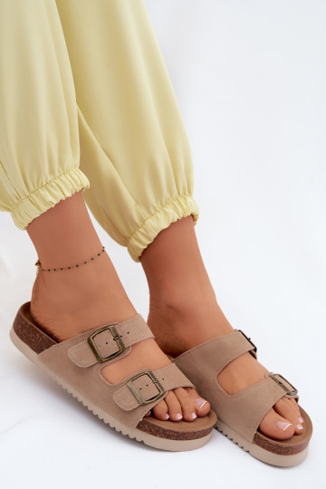 Pantofole in pelle scamosciata color sabbia con fibbie Rosaliae