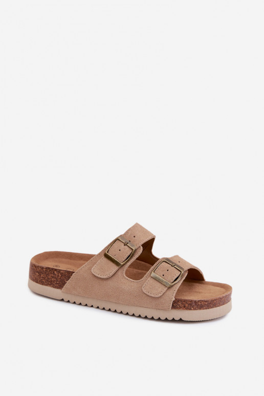 Pantofole in pelle scamosciata color sabbia con fibbie Rosaliae