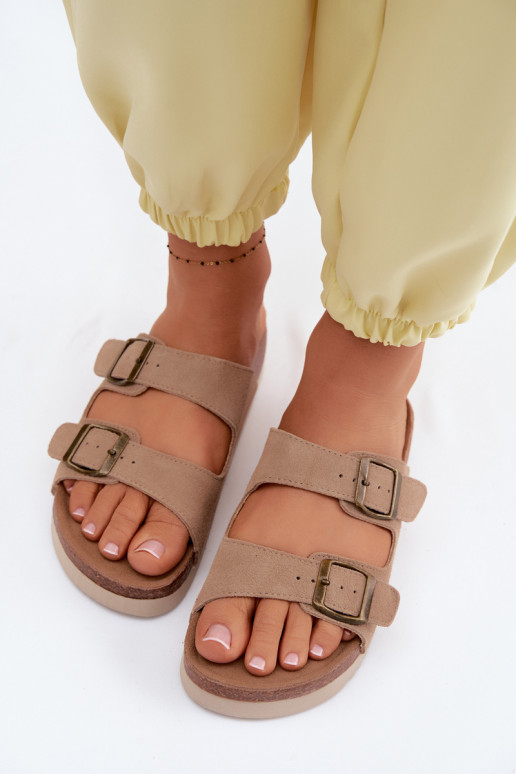 Pantofole in pelle scamosciata color sabbia con fibbie Rosaliae