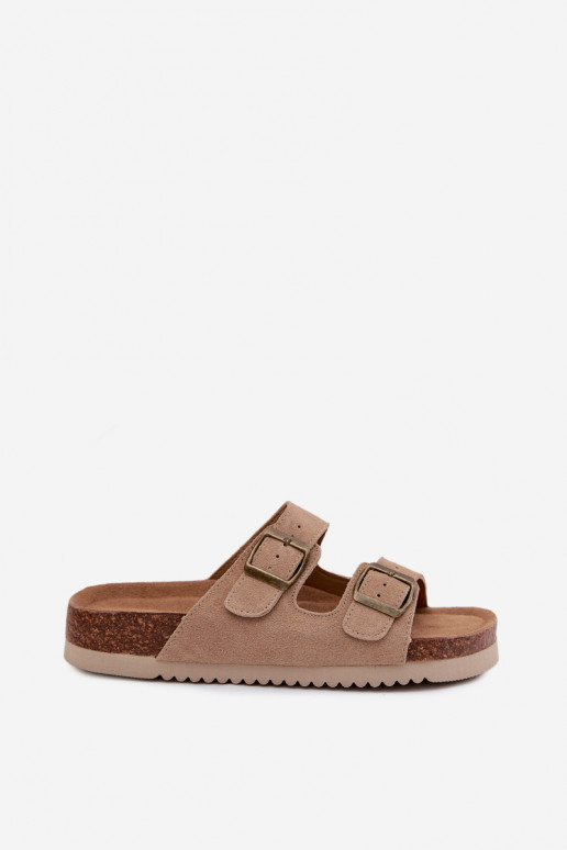 Pantofole in pelle scamosciata color sabbia con fibbie Rosaliae