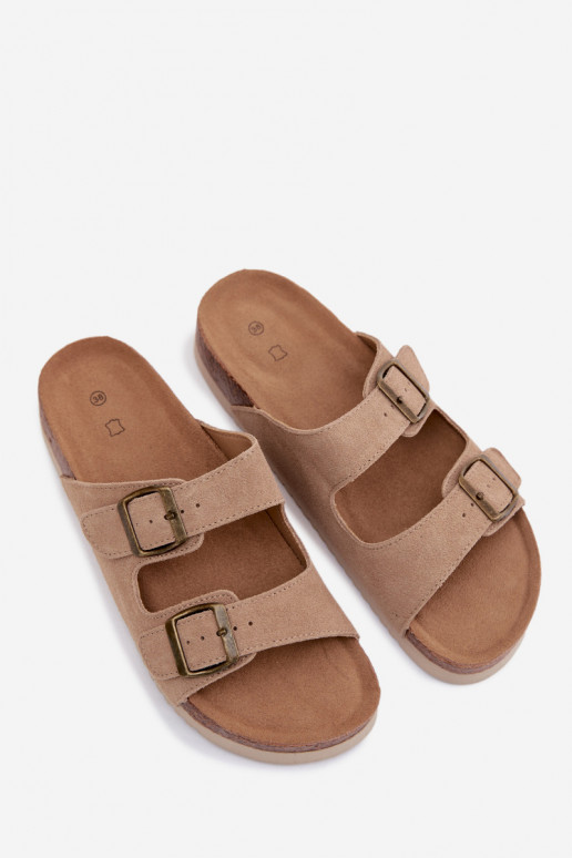 Pantofole in pelle scamosciata color sabbia con fibbie Rosaliae