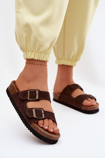 Pantofole in pelle scamosciata marroni con fibbie Rosaliae