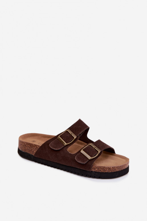 Pantofole in pelle scamosciata marroni con fibbie Rosaliae
