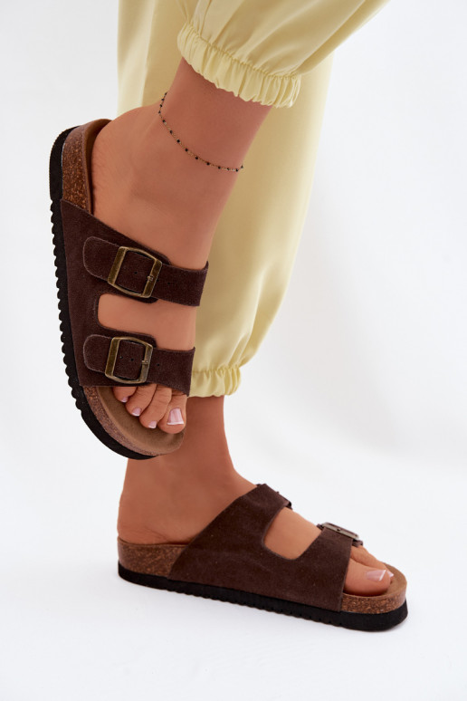 Pantofole in pelle scamosciata marroni con fibbie Rosaliae