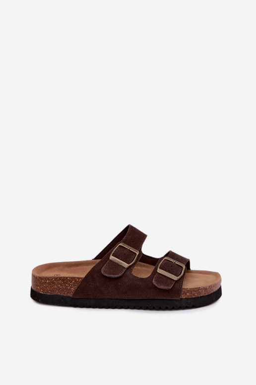 Pantofole in pelle scamosciata marroni con fibbie Rosaliae