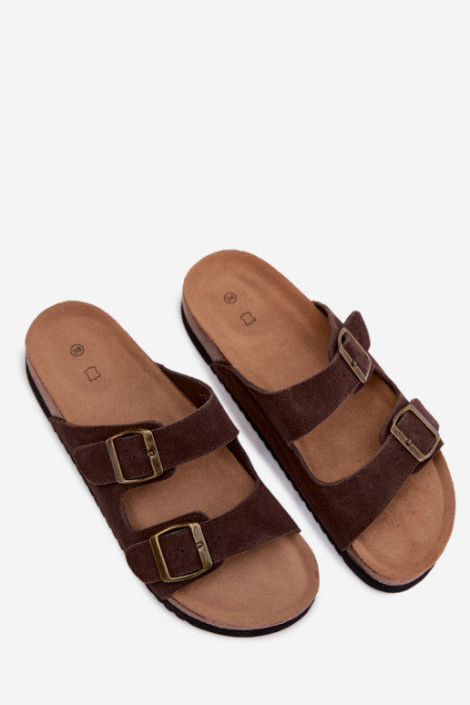 Pantofole in pelle scamosciata marroni con fibbie Rosaliae